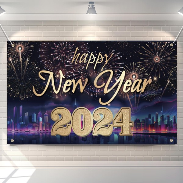 HBYDO Happy New Year Banner 2024,Extra Large Happy New Years Backdrop for Decorations,72 x 43 Inch Colorful Fireworks Photo Booth Background Banner for New Year's Party Supplies