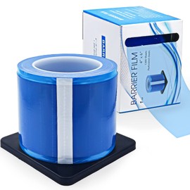 Rollo de cinta de barrera dental azul con caja dispensadora, hojas de barrera de plástico de 4 x 6 pulgadas para clínica dental, tatuaje, 1 caja de 1200 hojas