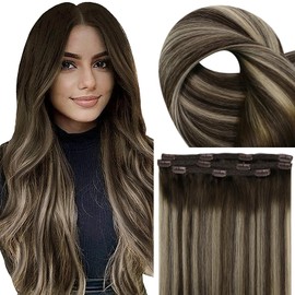Fshine Clip-In Real Hair Extensions, Balayage, Dark Brown to Blonde, Human Hair, Clip-In Extensions, Remy Hair Extensions, Silky Soft, 25 cm, 10 Inches, 50 g, 3 Pieces, #2/60/2