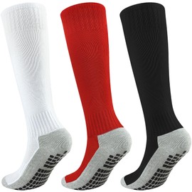 Kids Grip Soccer Socks Boys Knee High Socks Girls Soccer Non Slip Sock Football Baseball Softball Sports 7-10 Years Children 3 Pairs (Black+Red+White, M)