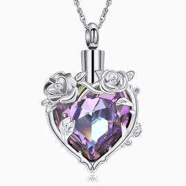QGJNSGC Cremation Jewelry Rose Flower with Heart Crystal Urn Necklace for Ashes Stainless Steel Ashes Pendant for Women Men Keepsake Memorial for Jewelry