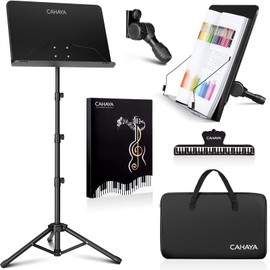 CAHAYA 5 in 1 Heightened Dual-use Sheet Music Stand & Desktop Book Stand Metal Portable Solid Back with Height Adjustable from 31.4-67in Including Carrying Bag, Sheet Music Folder & Clip CY0304