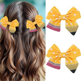 2PCS Back to School Hair Bow Clips Yellow Pencil Hair Clips Hairgrips for First Day of School Ponytail Holder Jumbo Ribbon Grosgrain Hairpin Cheer Tie for Kindergarten Students