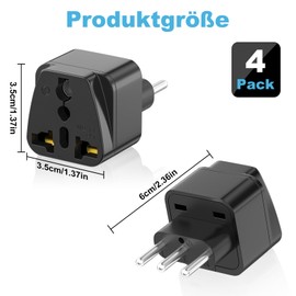 Travel Adapter, 4-Pack Universal Travel Plug to IT Travel Plug Adapter 2 Pin Europe to 3 Pin Italy Plug Type L Schuko Adapter EU to Italy Chile, Black