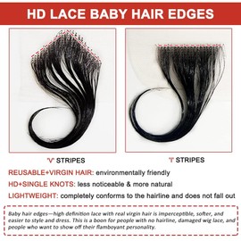 XRDDFL Lace Edges Baby Hair Human Hair Edge for Women Swiss HD Lace Baby Hair Edges Strips Reusable Invisible Lace Hairline Instant Fake Edges Hair Pieces (Natural Color, 2 Pcs 'V')