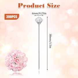 YBEATY 300 Pcs Corsage Boutonniere Pins 1.5 Inch Crystal Straight Head Clear Diamond Rhinestone Floral Flower Pins Elegant DIY Crafts Jewelry Sewing Decoration Accessories for Quilting Wedding
