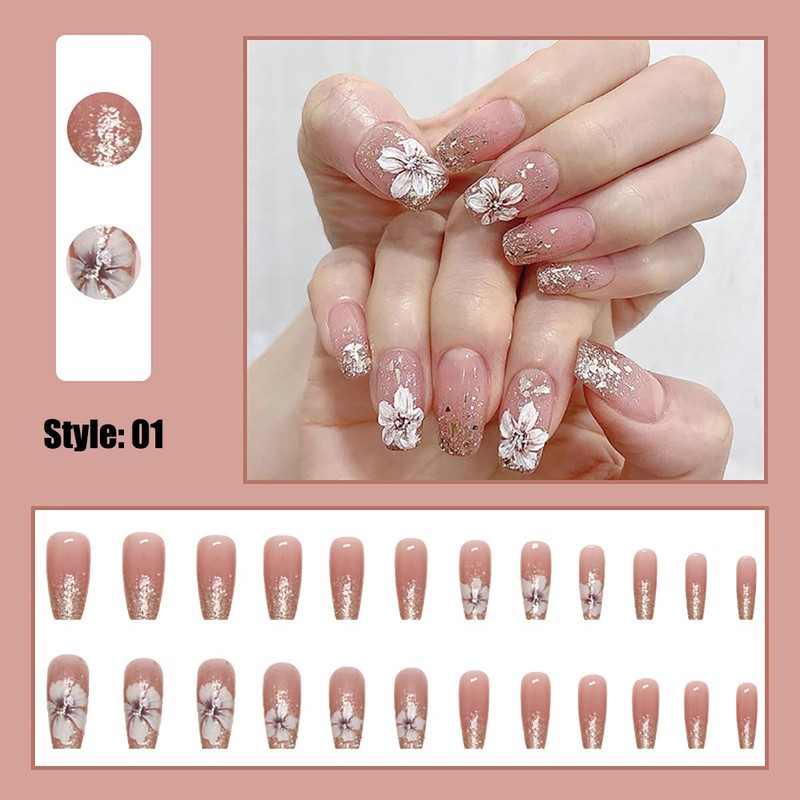 RUIENGCOMM 48PCS False Nails Natural Glitter Fake Nails Short Press