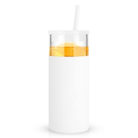 Tronco 20 oz Glass Tumbler With Lids and Straws, Reusable Smoothie Cups With Silicone Lid, Iced Coffee Cup With Silicone Protective Sleeve, Dishwasher Safe- BPA Free（White 1 Count）