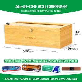Libreshine 18 Inch Plastic Wrap Dispenser with Slide Cutter – Commercial Butcher & Freezer Paper Dispenser for 3000ft Film, 1000ft Foil & Kraft Rolls, Heavy Duty Bamboo for Restaurant & Kitchen