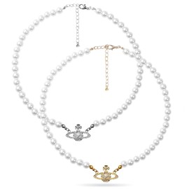 Juego de 2 collares de perlas, collar de perlas artificiales, collar de gargantilla de perlas, dije para dama novia, boda, cumpleaños, aniversario, Perlas artificiales, Rin, aleación, Perla sintética