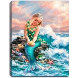 Crafted Creations 8" Blue and Green Mermaid Princess LED Canvas Tabletop Decor
