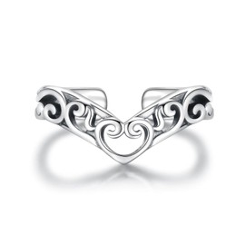 Heart V Shaped Filigree Toe Ring 925 Sterling Silver Adjustable Wave Ring Boho Summer Jewelry for Women, Sterling Silver, No Gemstone