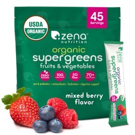 Zena Nutrition Organic Super Greens Powder, 70+ Superfoods, 0 Sugar, 5G Fiber, Spirulina, Chlorella, Antioxidants, Prebiotics/Probiotics, Digestive Enzymes, Mixed Berry, 45 Drink Mix Packets