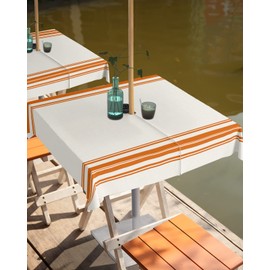 QueenKer Fall Outdoor Tablecloth with Umbrella Hole, Farmhouse Orange Stripe Square Tables Zippered Table Cloth Waterproof Tabletop Table Cover Collection for Patio, Garden, Picnic, Camping, Dining