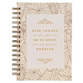 Christian Art Gifts Journal w/Scripture for Women Give Thanks Psalm 106:1 Bible Verse White/Gold 192 Ruled Pages, Large Hardcover Notebook, Wire Bound