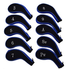 Iron Cover Set of 10 Cushion Material Zipper Type Embroidered Golf Club Iron Head Cover , blue