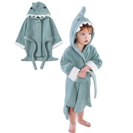 Boys Girls Dressing Gown Soft Cotton Bath Robe, Qiuck Dry Kids Hooded Bathrobe Towel Robe with Cute Animal Design, Blue Shark 5-6 Years
