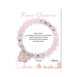 Nojess Crystal Bracelet for Women Butterfly Bracelet Natural Healing Gemstone Beaded Bracelets Crystal Stone Stretch Pendant Bracelets Jewelry Gifts for Women (Rose Quartz Bracelet)