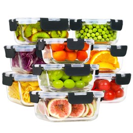 HOMBERKING 18pc Glass Food Storage Containers with Lids, Glass Meal Prep Containers with Leak Proof Snap Lock Lids, Airtight Bento Lunch Boxes, Kitchen Storage (9 lids & 9 Containers) - Black