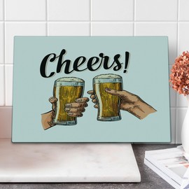 Ambesonne Alcohol Cutting Board, Female and Male Hands Holding and Clinking with 2 Beer Glasses Cheers Lettering, Decorative Tempered Glass Cutting and Serving Board, Large Size, Multicolor