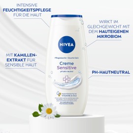 NIVEA Creme Sensitive Pflegedusche (250 ml), pH-hautneutrales Duschgel mit Kamillen-Extrakt, feuchtigkeitsspendende Cremedusche für sensible Haut ohne Seife