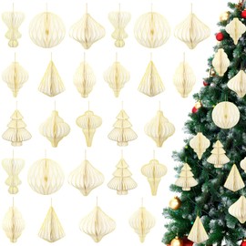 Rossesay 27 Pcs Paper Christmas Ornaments Xmas Mini Paper Honeycomb Lantern with Glitter Edge Vintage Christmas Party Decoration Christmas Paper Tree Ornaments for Party Tree Indoor(Gold)