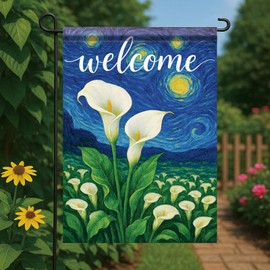 Starlit Patio Welcome Van Gogh Garden Flag Starry Sky Calla Lily Flower Floral Yard Flag 12 x 18 Inch Double Sided Outdoor Decoration for Spring Summer Porch Lawn Home Decor Seasonal Banner