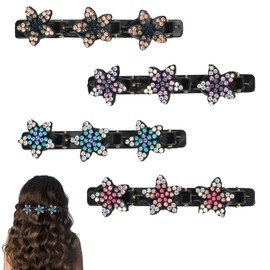 Pack of 4 Braided Hair Clips with Crystal Stones, Hair Clip with Crystal Flower, Braided Duck Beak Clip, Braided Hair Clips, Hair Accessories for Women (4 Colours)