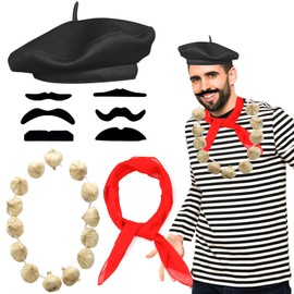 Beamely French Men Set, French Fancy Dress Costume Accessories Set French Artist Mime Kit with Red Beret Moustache Scarf Garlic Necklace for Cosplay Party Supplies School Dress Up Day-Black
