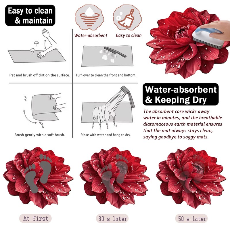 Floral Diatomaceous Earth Floor Mat 3D Flowers Pattern Bath Mat