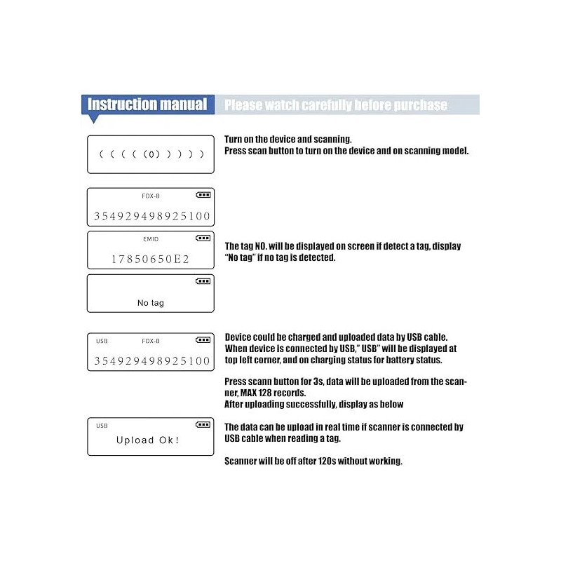 Riversmerge Handheld RFID Animal Tag Reader Microchip Scanner ISO1784/85