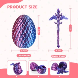 3D Printed Dragon Egg 12" Winged Dragon Inside with Articulated Horn, Rainbow Fidget Sensory Toy, Birthday Party Gift, Flexible Desk Companion, Easter/Christmas Surprise Stuffers (Purple Color)