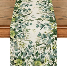 Artoid Mode - Camino de mesa de verano con flores verdes, diseño floral de eucalipto, decoración de mesa de comedor de primavera, para decoración de fiesta en el hogar, 33.02 x 182.88 cm