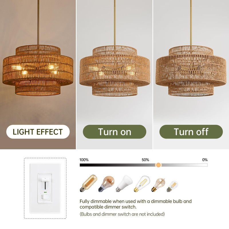 InterMaka 4-Light Boho Rattan Chandelier Light Fixture, 17.7” Hand Woven