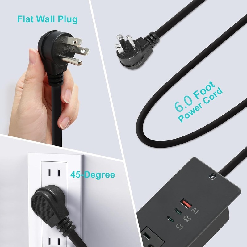 45W Recessed Power Strip USB C, Flush Mount Desk Extender