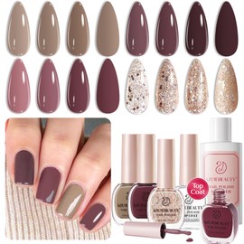 AZUREBEAUTY Nail Polish Set Vegan 4 Colors Nude Purple Glitter Nail Polish Quick Dry Natural Nail Lacquer Fingernail Strengthening Treatment Kit with Top Coat & Nail Polish Remover DIY Salon Home