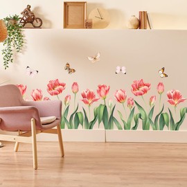 Runtoo Tulip Flower Wall Decals Pink Garden Floral Butterfly Wall Stickers for Nursery Bathroom Living Room Bedroom Home Decor