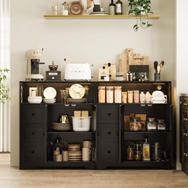 Yoobure Farmhouse LED Storage Cabinet with Doors and Shelves, Freesthanding Kitchen Pantry Cabinet with Drawers and Power Outlet, Wood Sideboard for Dining Room Living Room Coffee Bar Bathroom, Black