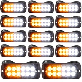 Leelosp 14 Pcs 12 LED Strobe Lights for Tow Trucks Construction Vehicles Surface Mount Emergency Hazard Beacon Safety Warning Lamps Flashing 12-24V Grille Head for Car Accessories (Amber and White)
