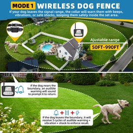 Wireless Dog Fence, Invisible Fence for Dogs, Electric Dog Fence with LCD Screen, Adjustable Warning Strength, Range 50-999ft, Rechargeable Pet Containment System for Outdoor, Suitable for Most of Dog