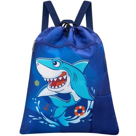 Shark Gym Drawstring Backpack - 38 x 45 cm Sports Gym Bag Drawstring Bag for Girls Kids Waterproof String Backpack for Beach Swim Travel Yoga Gift with Zipper Pocket and Water Bottle Pocket