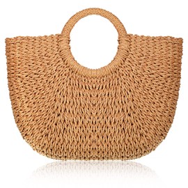 Frienda Straw Tote Bag Summer Beach Bag Handmade Straw Rattan Woven Handbag for Women Travel(10.24 x 5.51 x 7.09 Inch,Khaki)