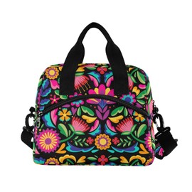FLildon Reusable Lunch Bag Mexican Floral Insulated Lunch Box Cooler Tote Removable Shoulder Strap Meal Picnic Bags for Outdoor Travel Office Work