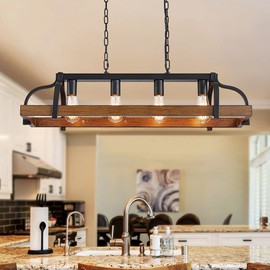 WUZUPS 4-Light Metal Pot Hanging Rack Chandelier Imitation Wood Grain Linear Pendant Ceiling Lighting Rustic Farmhouse Fixture Kitchen Island Dining Room, H 9.8" x L 34.6" x W11.8, E26 Base, Black