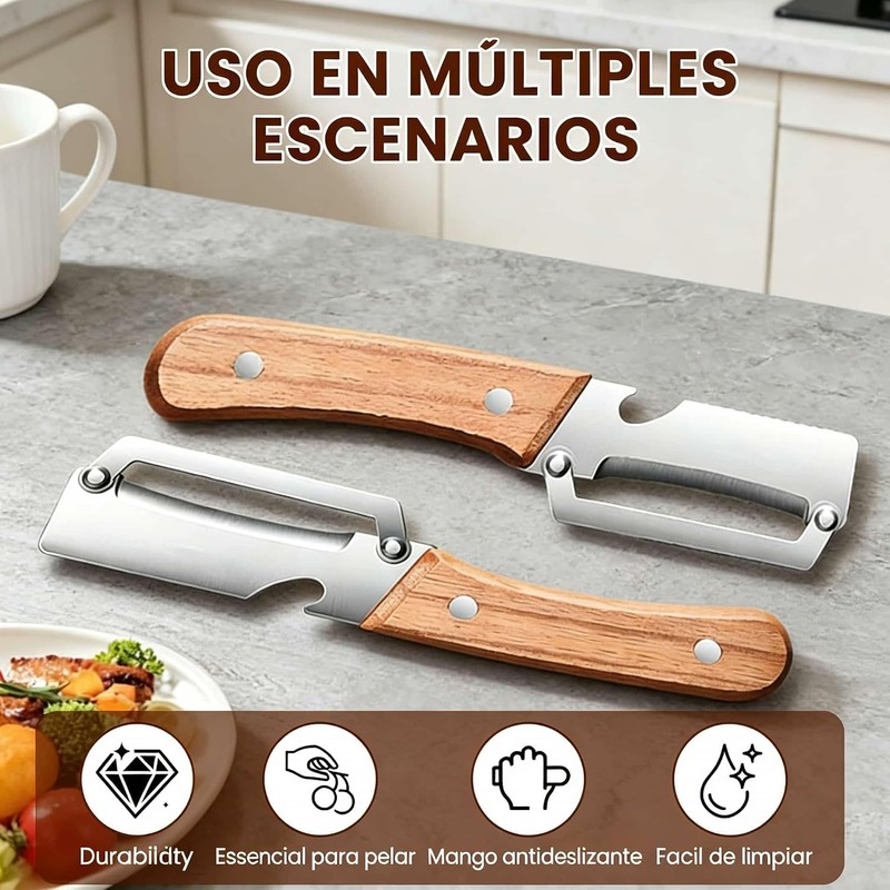 Pelador de Verduras Multifuncional Para Cocina, Con Mango de Madera
