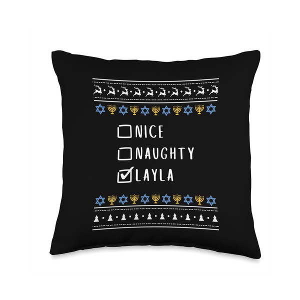 Nice, Naughty, Layla, Ugly Sweater Style Throw Pillow