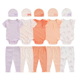 BABYSOLIS 0-12 Months Unisex Baby Pants Sets New born Bodysuit and Hats 15 Pack Boy Girl Infant Comfort Outfit Clothes