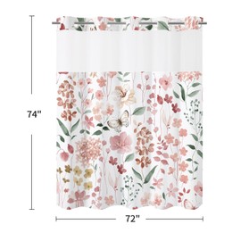 Litabel No Hook Pink Watercolor Floral Shower Curtain, Pink Hookless Shower Curtains with Flower Plant Leaves for Farmhouse Bathroom Decor, Modern Botanical Waterproof Bathroom Curtain 72x74 Inch