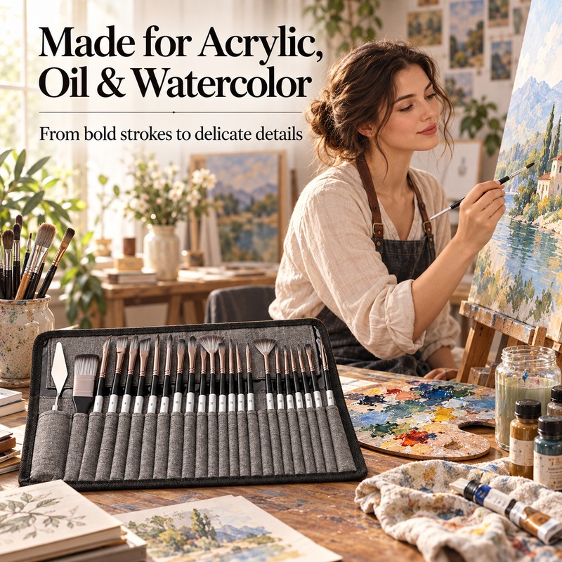 24-Brush Artist Paint Brush Set with Palette Knife & Storage