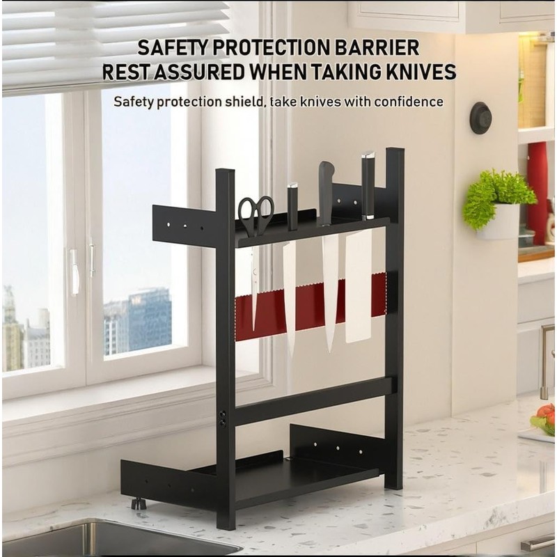 3-Tier Spice Rack Organizer with Knife Holder, Black Metal Counter